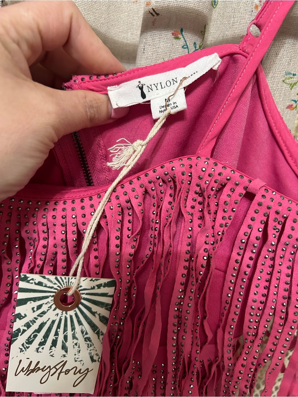NWT Hot Pink Rhinestone Fringe Crop Top Western Glam Cowgirl Festival Top Medium - Picture 3 of 6